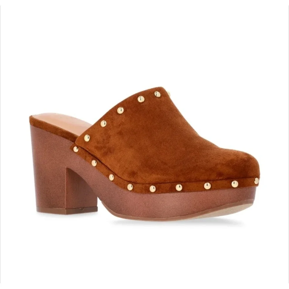 Boho Western Clog Mules Platform Studded Suede Chunky Heel Hippie Festival 10 - Picture 2 of 6